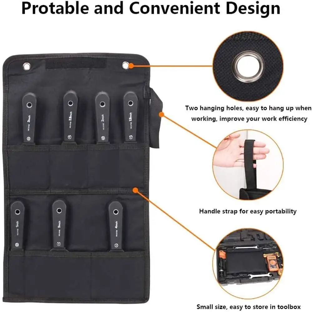7PCS Putty Knives Set Flex Drywall Knife Paint Scraper Kit 7 Sizes Soft Grip Handle Carbon Steel Blade Canvas Storage Bag Includ 2
