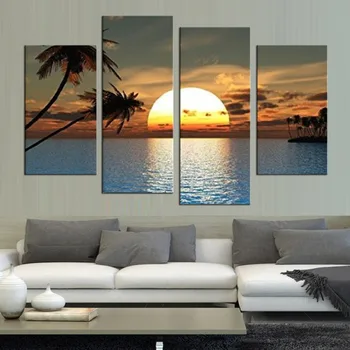 

Printed Modern Canvas Living Room Pictures 4 Panel Sunset Ocean View Painting Wall Art Modular Poster Framework Home Decor