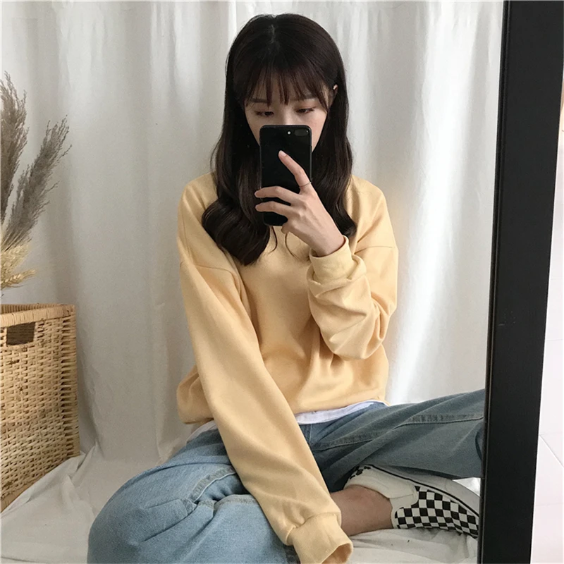 Ceny BGTEEVER jednolity kolor pełna rękaw kobiet bluza podstawowe luźne kobiety dres kobiet bluzy luźne swetry bluza 2019