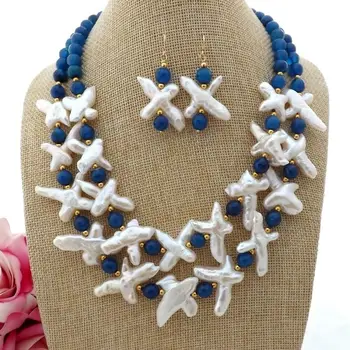 

K093009 18'' 2 Strands White Cross Pearl Blue Gems Stone Necklace Earrings Set