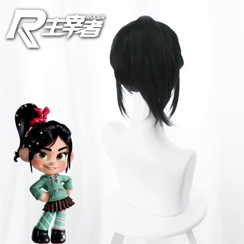 Парик Wreck-It Ральф ванеллопа фон шветц Косплей костюмы Vanellope von Schweetz черный высокий конский хвост cos аниме 30 см парик