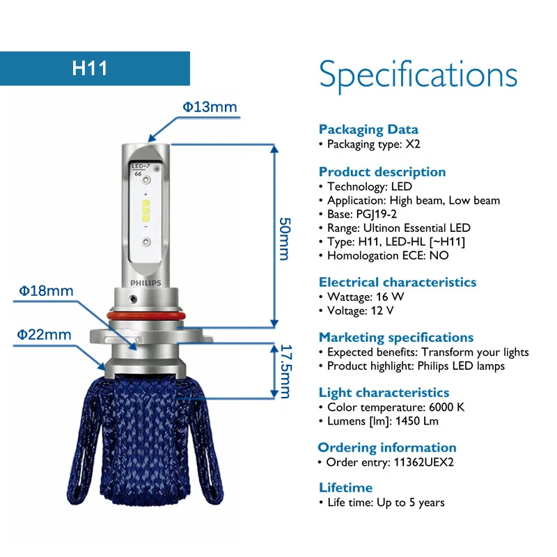 Philips светодиодный H11 Ultinon Essential автомобильные лампы 6000K яркий белый светильник