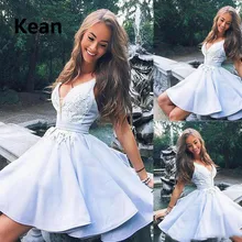 Небесно-синие Бальные платья v-образным вырезом Спагетти ремни А-силуэт аппликация короткий мини-Тюль Атлас элегантные коктейльные платья