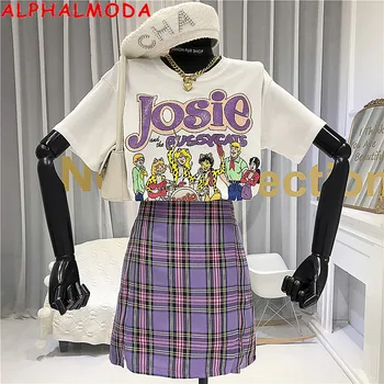 

ALPHALMODA 2020 Summer New Girl's Cartoon Printed Short-Sleeved T-shirt + Sexy Split PlaidWrap Hip Skirt Two-Piece Set for Women