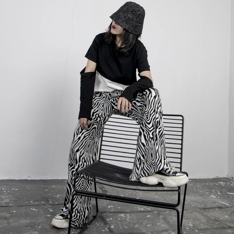 [EAM] High Elastic Waist Zebra Pattern Long Wide Leg Trousers New Loose Fit Pants Women Fashion Tide Spring Autumn 2020 1Z932