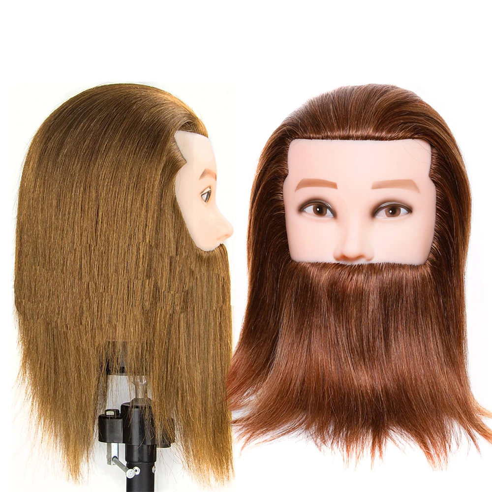 Male 100% Real Human Hair Mannequin Practice Training Head With Beard Barber Hairdressing Manikin Doll Head For Beauty School images - 6