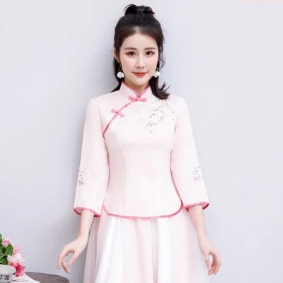 Pink qipao top Sheng Коко китайский hanfu костюм Гучжэны женские из хлопка и льна в китайском стиле Стиль Топ и юбка традиционное китайское платье костюмы Костюмы - Цвет: Pink qipao top