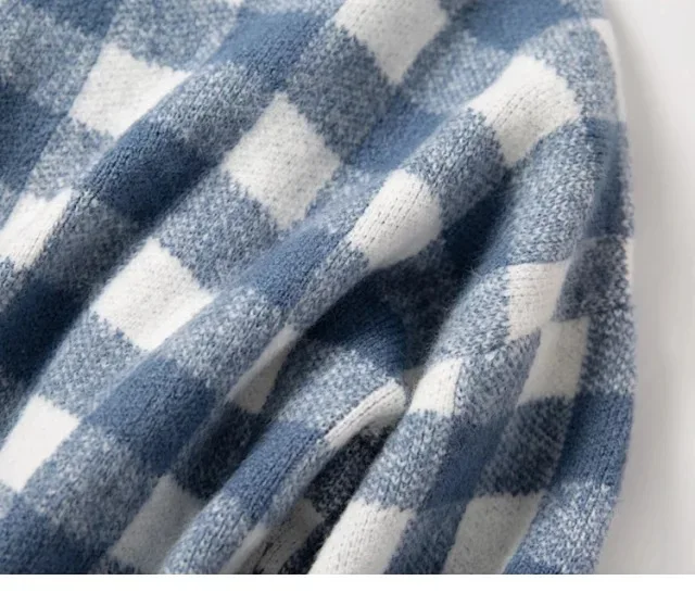Vintage check round neck sweater alpaca blend sweater French brand women's winter sweater