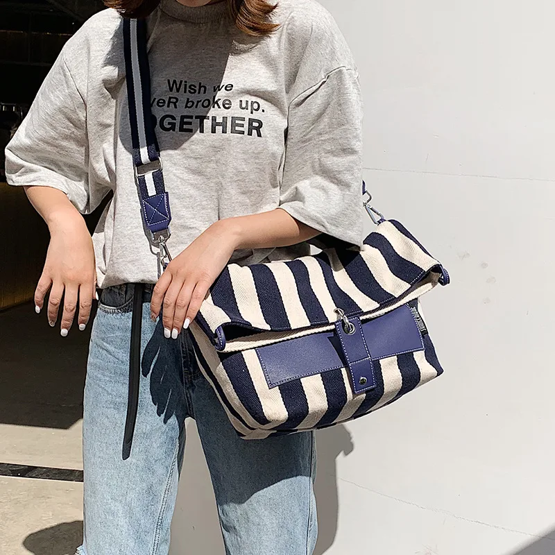

Summer new large bag new 2019 large capacity contrast Tote canvas broadband women's bag shoulder Messenger bag