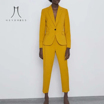 

Heydress 2019 OL solid Two Piece Suit Set Women Single Button Blazer Jacket Female High Waist Pant Suits 2 Piece