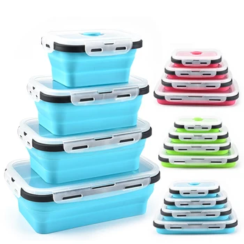 

4pcs Silicone Collapsible Lunch Box Food Storage Container Bento BPA Free Microwavable Picnic Rectangle Outdoor Box Camping Case
