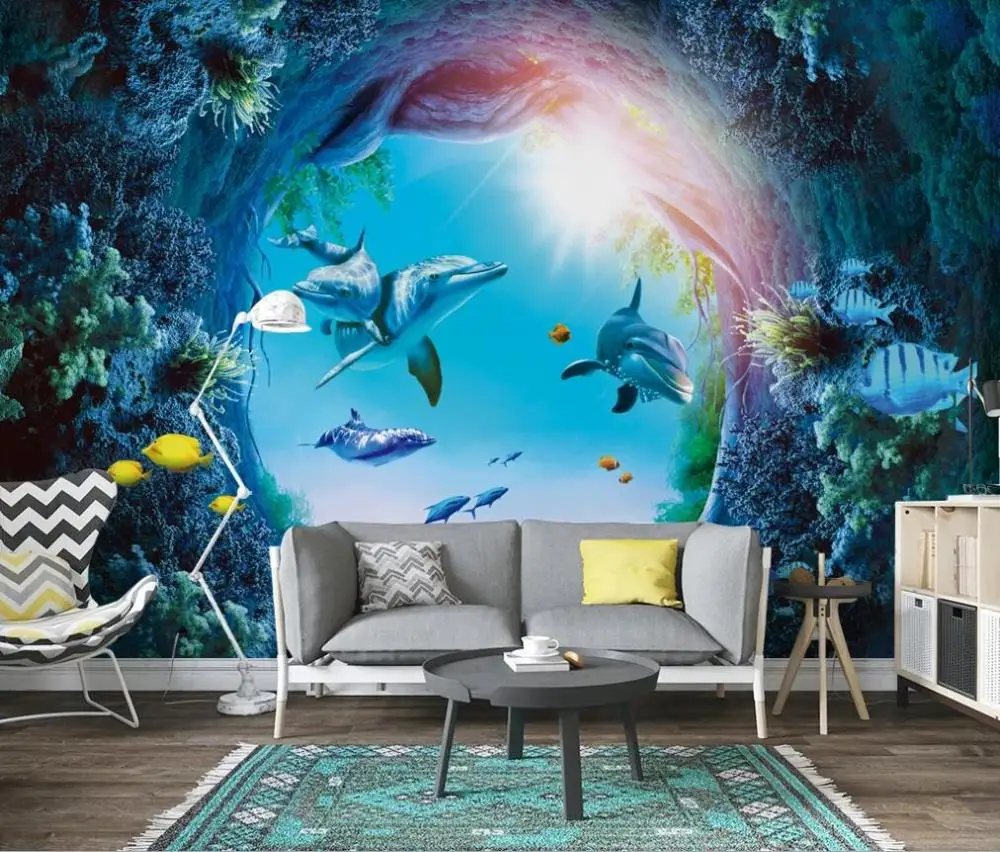 

Custom photo mural wallpaper 3d underwater world dolphin background wall paper mural