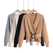 Модный двубортный короткий кардиган, пальто, Осенний вязаный кардиган с v-образным вырезом и поясом, однотонные женские топы