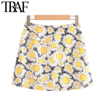 

TRAF Women Fashion Floral Print Linen Mini Skirt Vintage A Line High Waist Back Zipper Female Skirts Faldas Mujer