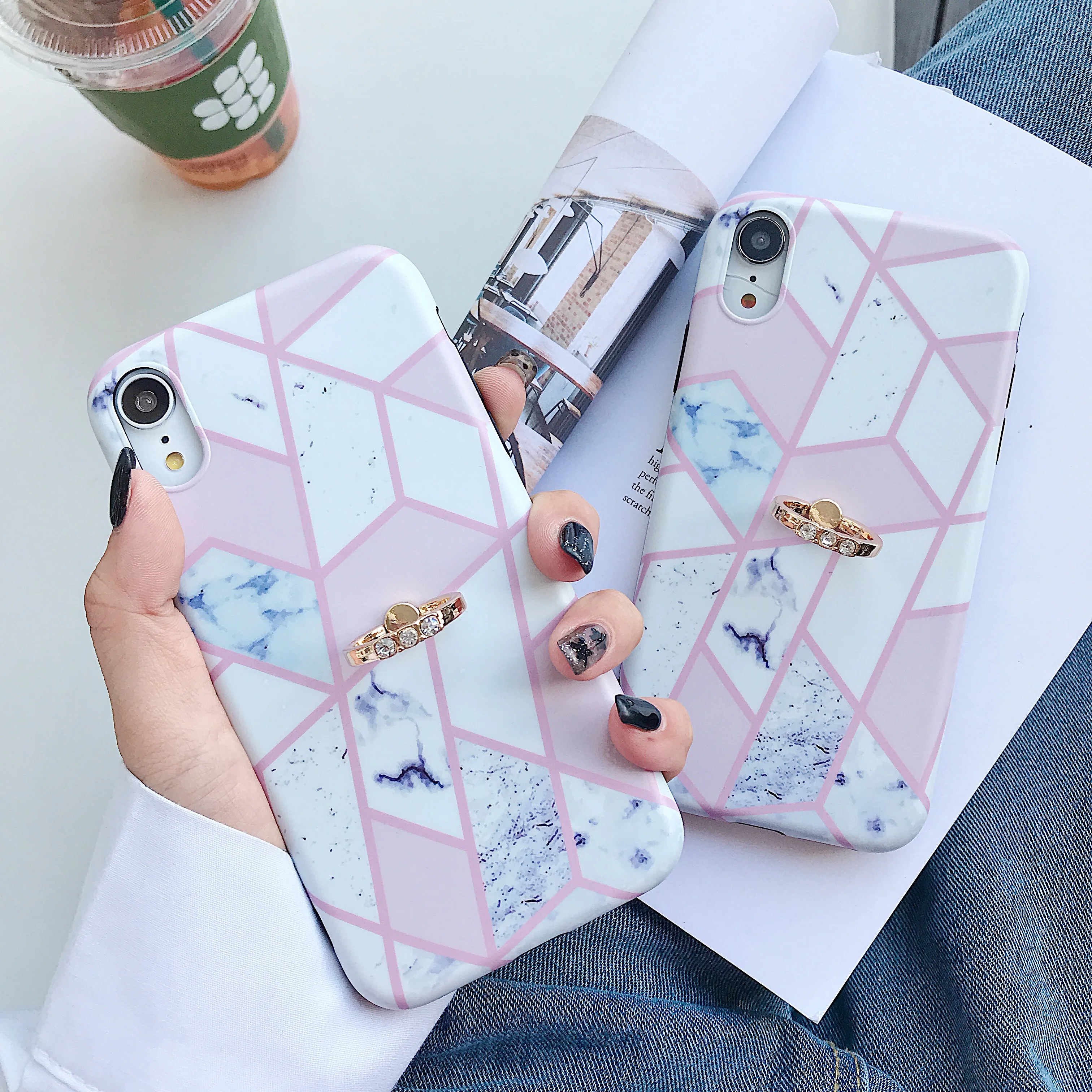 

Luxury Deluxe Geometric Pink Line Stitching for iPhone 11 Pro Max XR XS Max 6 6S 7 8 Plus X Geometric Marble Phone Case X Soft IMD Phone Back Cover Coque