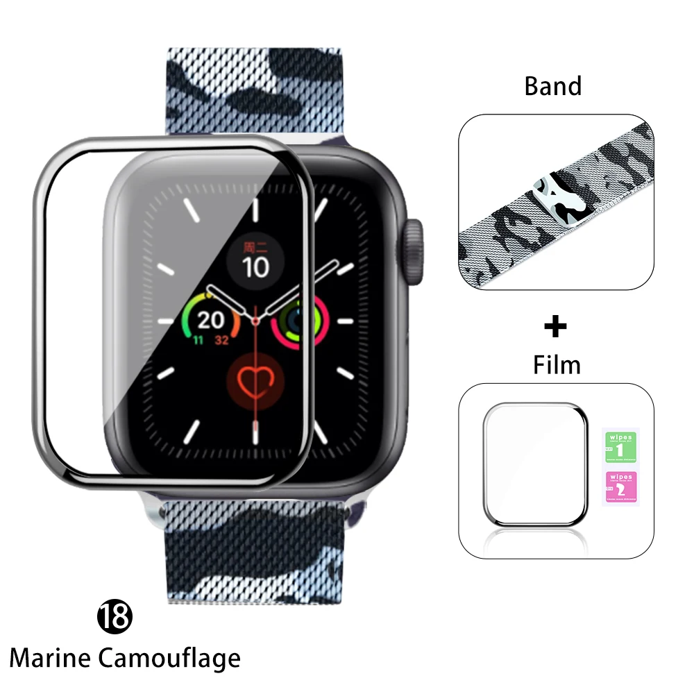 Миланская петля для Apple watch 42 мм 38 мм 40 мм 44 мм браслет ремешок+ Защитная пленка магнитная пряжка для iwatch серии 5 432 - Цвет ремешка: Marine camouflage