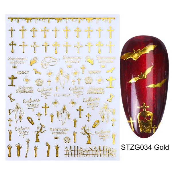 STZG034 Gold 1 шт стикер для ногтей золотой черный Хэллоуин 3D дизайн Фольга Слайдеры для украшения ногтей маникюр вода наклейка советы LASTZG032-040-2 - Цвет: STZG034 Gold