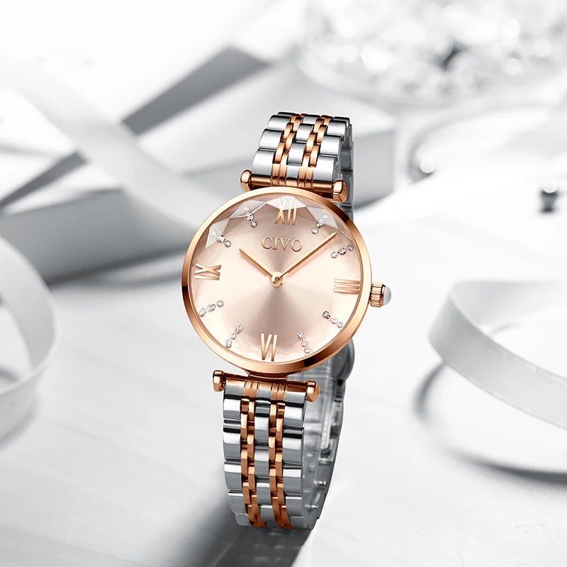 Civo Fashion Luxury Ladies Wrist Watches Top Brand Rose Gold Steel Strap Waterproof Women-4