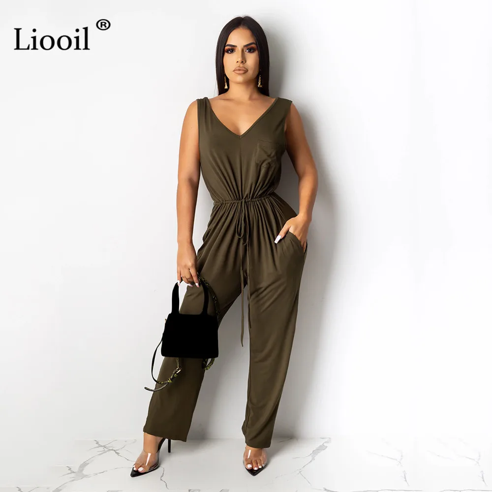 Dark Green Liooil, сексуальные Свободные Комбинезоны для женщин, Осень-зима, без рукавов, v-образный вырез, шнуровка, вечерние, Клубные комбинезоны, женский комбинезон, комбинезоны - Цвет: Dark Green