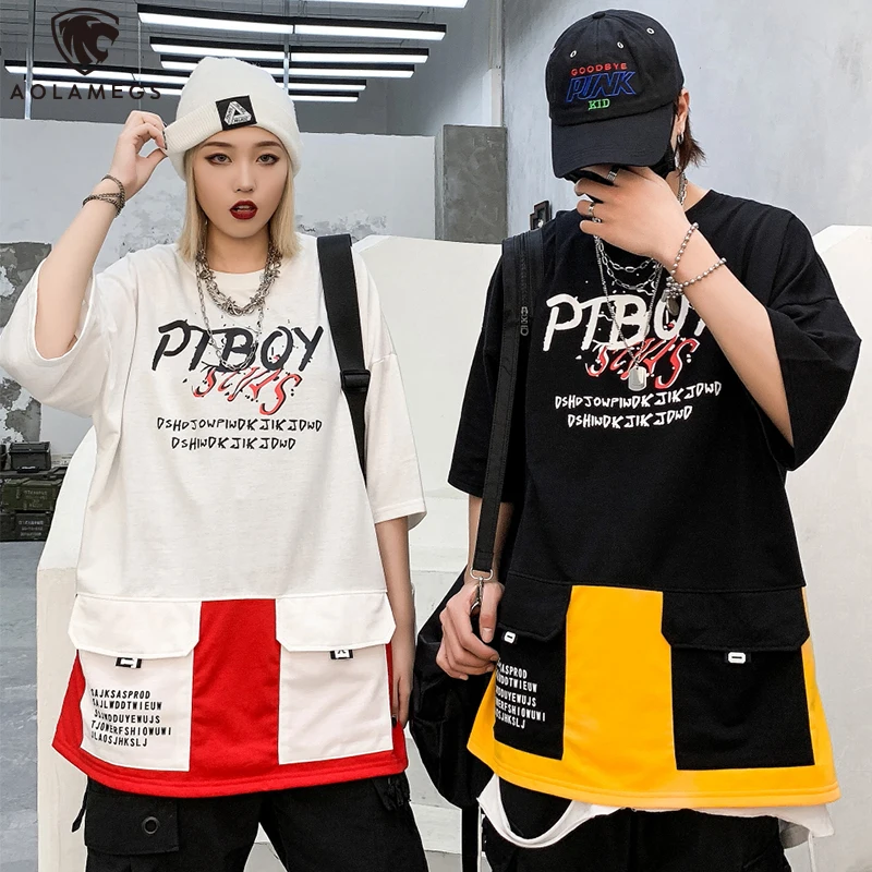 

Aolamegs Men's T Shirt Hit Color Oversize Punk Pockets Hip Hop Letter Print Colorful Casual All-match Couple Summer Streetwea