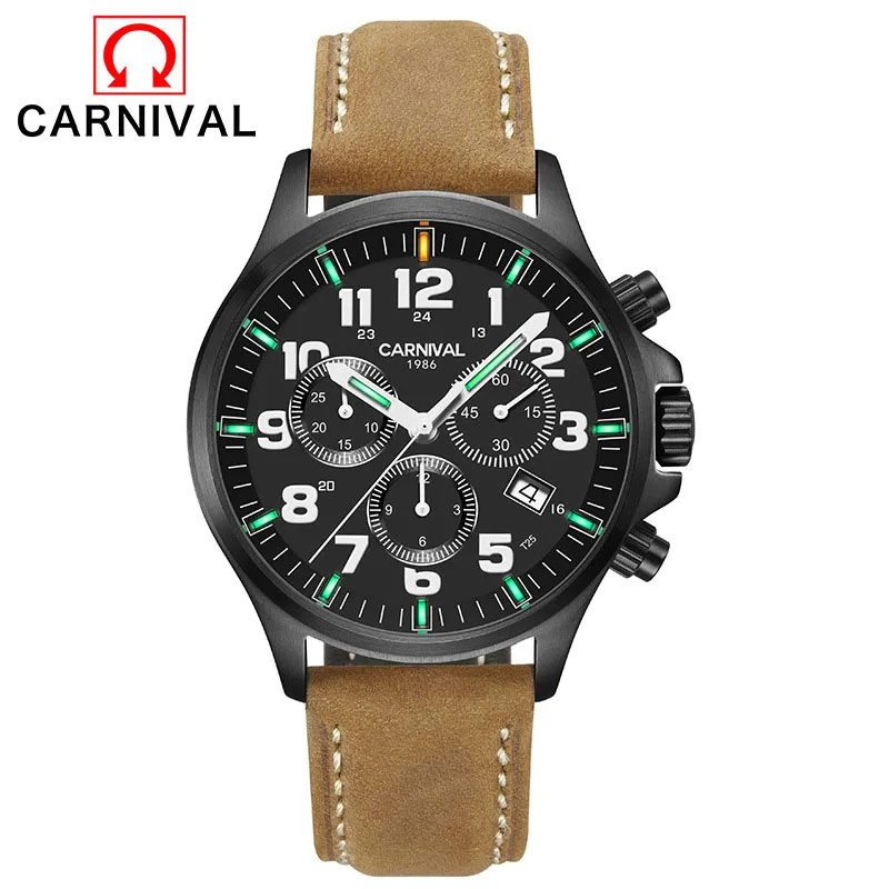 

CARNIVAL Quartz Men Watches Chronograph Tritium Luminous Waterproof Men's Wristwatch Military Sport Stop Watch relogio masculino