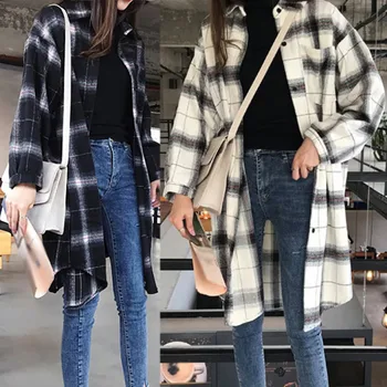 

Plus Size Blouse Women Plaid Shirt Tops Female Autumn Long Sleeve Mid-Long Shirts Turn-down Collar Tops M-3XL