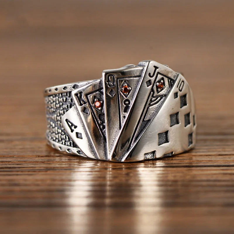 KOFSAC Trendy Creative Card A K Q J Ring For Men Jewelry Vintage Open Size 925 Sterling Silver Ring Boy Gifts Party Accessories silver ring,silver rings