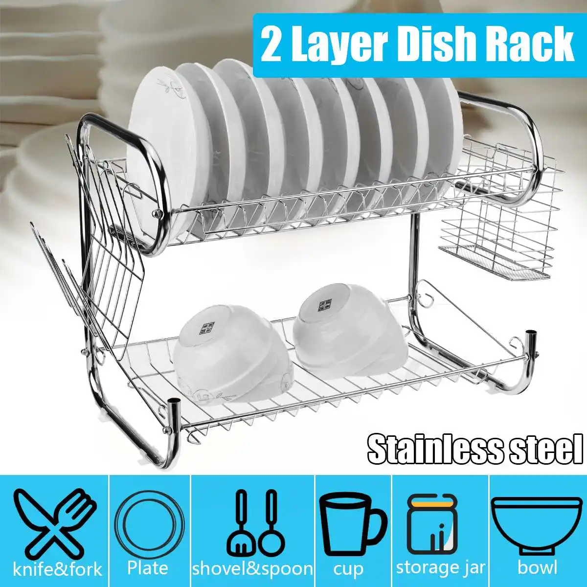

2 Layer Dish Drainer Iron Art Kitchen Cutlery Drain Rack Utensils Storage Organizer Rustproof Dishes Plates Organization Shelf