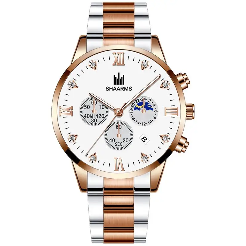 Shaarms Mens Watches Luxury Alloy Case Roman Numeral Display Date Dial Quartz Wristwatch Casual Business Watch Man Clock - Цвет: Rose Gold White