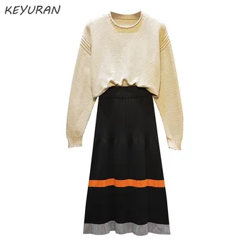 

Plus size HIGH QUALITY Women Set 2019 Spring Knit Sweater Pullovers Skirt Set 2 Pieces Causal Suits Ladies Striped Knitted Suit