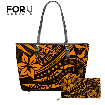 

FOURDESIGNS Brand Design 2pcs Women Luxury Shoulder Bag Purse Hawaiian Tribe Floral With Turtle Design Ladies Handbag Sac Femme