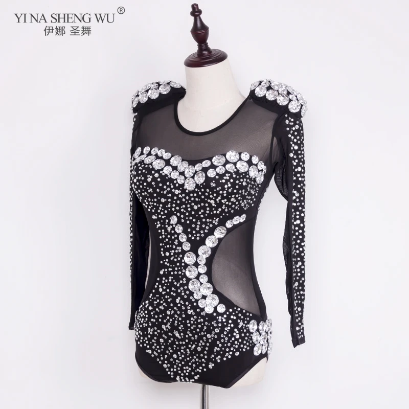 Luxury Pearls Rhinestones Long Sleeve Jazz Dance Costume Jumpsuit Women Sexy Performance Stage