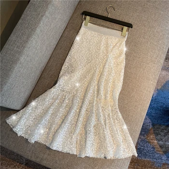 

2020 Spring New Elegant High Waist Solid Color Sequin Fishtail Skirt Women's Mid-length Skirts