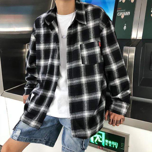 Harajuku Plaid Shirts Men's Spring 2021 Autumn Winter High Quality Casual Flannel Men Oversized Loose Retro Long-sleeved Shirts 1