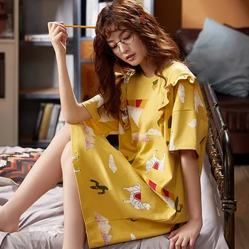 

2020 Cute Girl Nightdress yellow Cartoon Lovely Soft Cotton Sleep Dress lady Nightgown women short Sleeve Comfortable Homewear