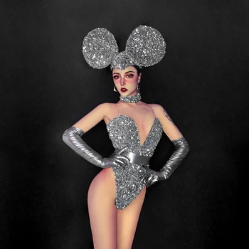 

Women Sexy V-neck Sequins Bling Bling Bodysuit Nightclub Bar DS DJ Novelty Special Use Stage Show Dance Wear Pole Dance Costume