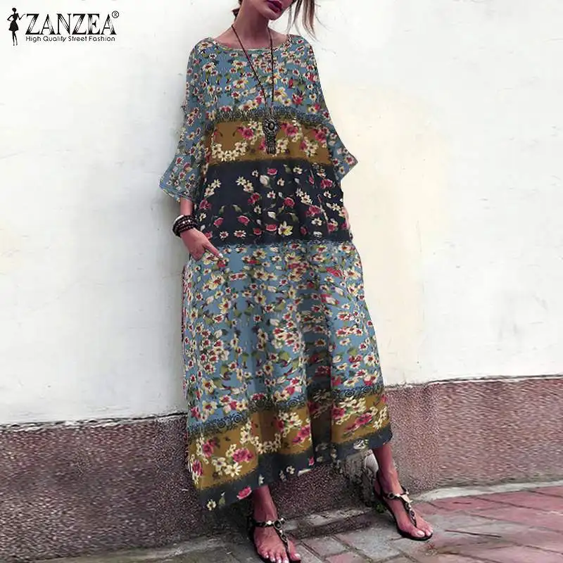 ZANZEA, женское винтажное платье с рукавом 3/4 и цветочным принтом, хлопковое льняное платье, осенний сарафан, повседневный халат, Femme Vestido, кафтан, туника, платья