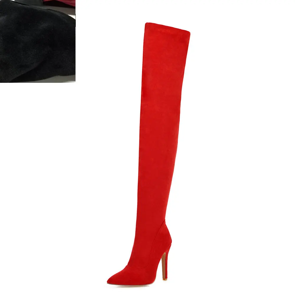 Г. Брендовая женская обувь больших размеров 32-48 ботфорты на тонком высоком каблуке Женская обувь для вечеринок красного и черного цвета - Цвет: Red short plush