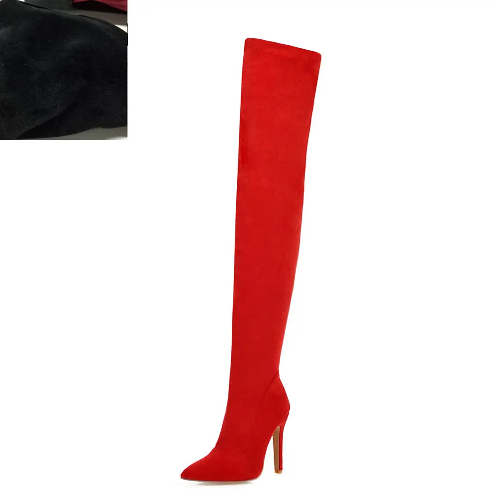 Red short plush Г. Брендовая женская обувь больших размеров 32-48 ботфорты на тонком высоком каблуке Женская обувь для вечеринок красного и черного цвета - Цвет: Red short plush