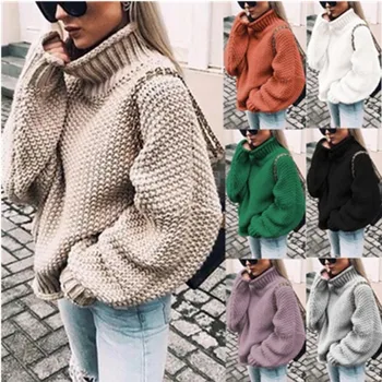 

High collar ladies winter thick line curling bat sleeve loose sweater multicolor