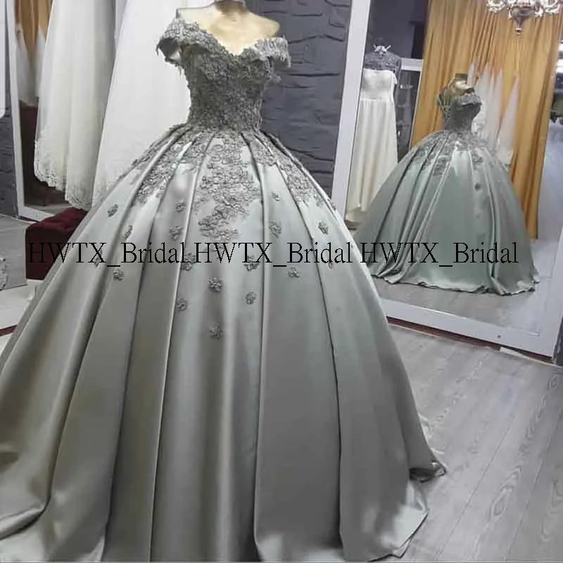 HWTX_Bridal бальное платье на заказ бальные платья Серебристые атласные аппликации с открытыми плечами Корсет Пышное платье для выпускного вечера милые вечерние 16