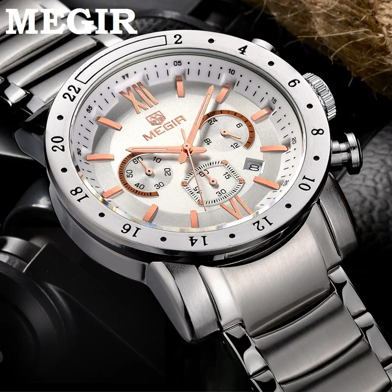 MEGIR Горячие брендовые кварцевые часы для мужчин мужские деловые белые Наручные часы модные три глаза водопроницаемые светящиеся часы для мужчин