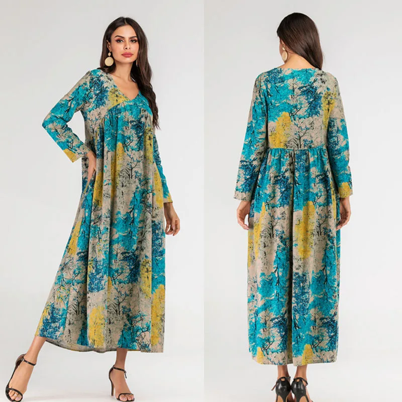 

Europe And America New Style WOMEN'S Dress Dress Floral Print V-neck Sexy Dress Medium-length Dress