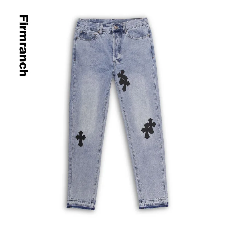 Jeans da uomo in pelle nera con croce nera per uomo 2021 Jeans High Street  Homme pantaloni in Denim blu chiaro impilati dritti Moto Trouse|Jeans| -  AliExpress