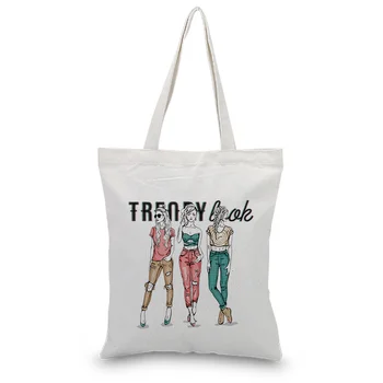 

Girl Pattern Canvas Tote Bag Handbag Daily Use Custom Print Logo Text DIY Eco Reusable Recycle Shopping Bag