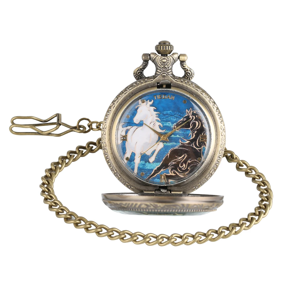 Роскошные лошадь Дизайн кварцевые фоб карманные часы с подвеской свитер Цепочки и ожерелья Чиан подарок Для женщин дамы