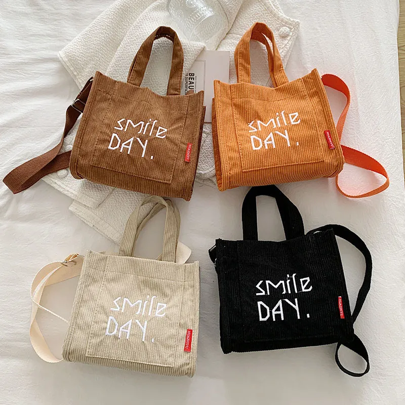 

Women Smile Day Letters Corduroy Bag Retro Simple Soft Tote Bag Small Cotton Canvas Handbag Female Eco Crossbody Messenger Bag