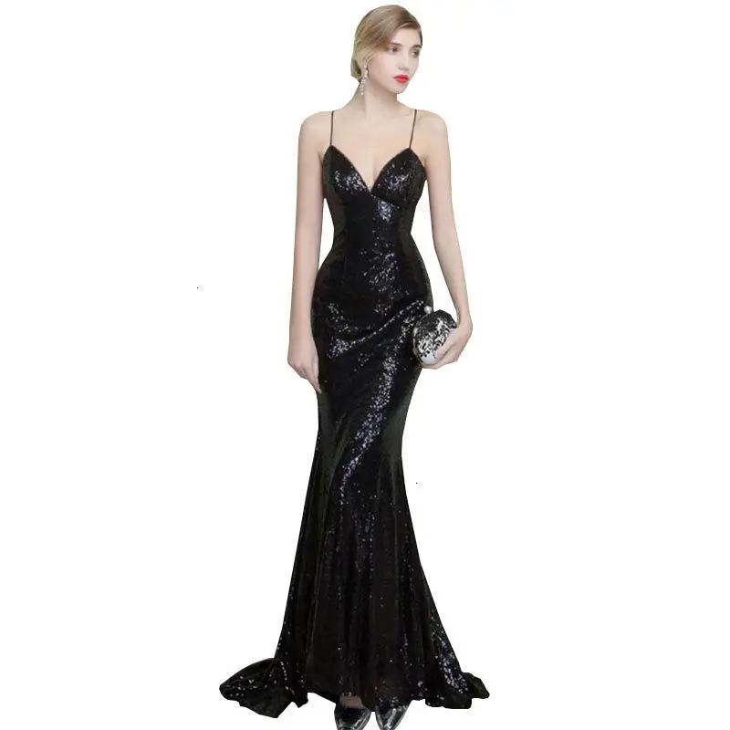 

New Summer v -neck Sexy Long feast Black fish tail Pailletten Gorgeous Jurken Party Slender Female Dauw Back Dress WZ458