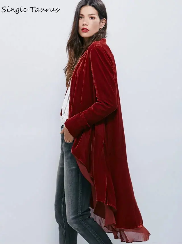 

Elegant Velvet Chiffon Ruffles Trench Coat Women Fashion Open Stitch Dovetail Casaco Feminino Office Lady Velvet Duster Blazer