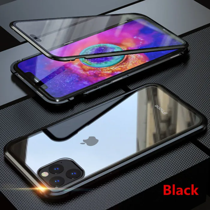 Металлический магнитный адсорбционный флип-чехол для iPhone 11 Pro Max XS MAX XR 8 7 6s 6 Plus 11 прозрачный двусторонний стеклянный Магнитный чехол - Цвет: Black